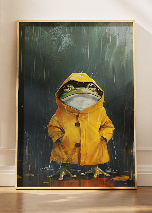 Raincoat Frog Art Print & Canvas – Whimsical Frog Wall Art in Rainy Mood