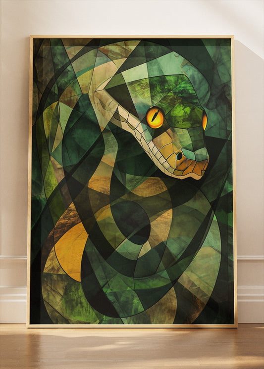 Geometric Snake Art Print & Canvas – Abstract Green Serpent Wall Art