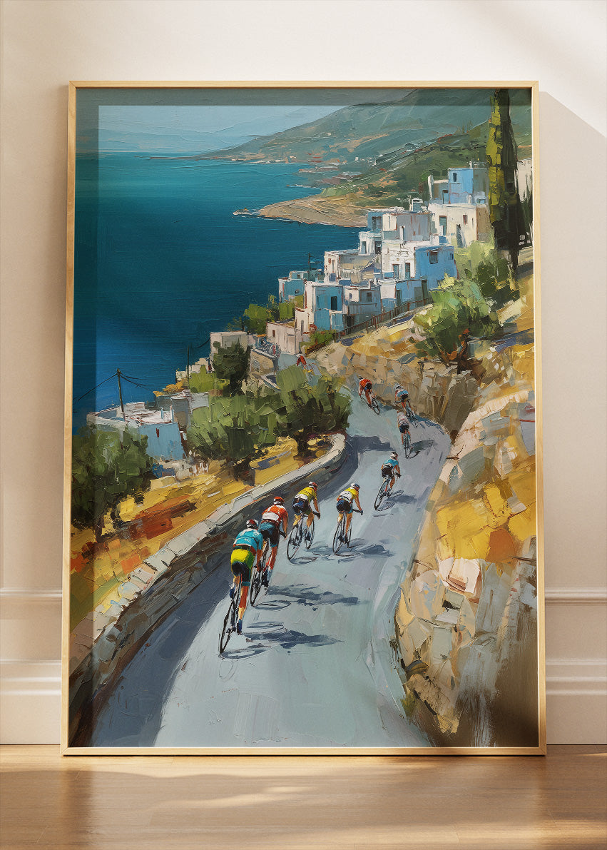Mediterranean Descent Cycling Art Print & Canvas – Riders Along the Coastal Road