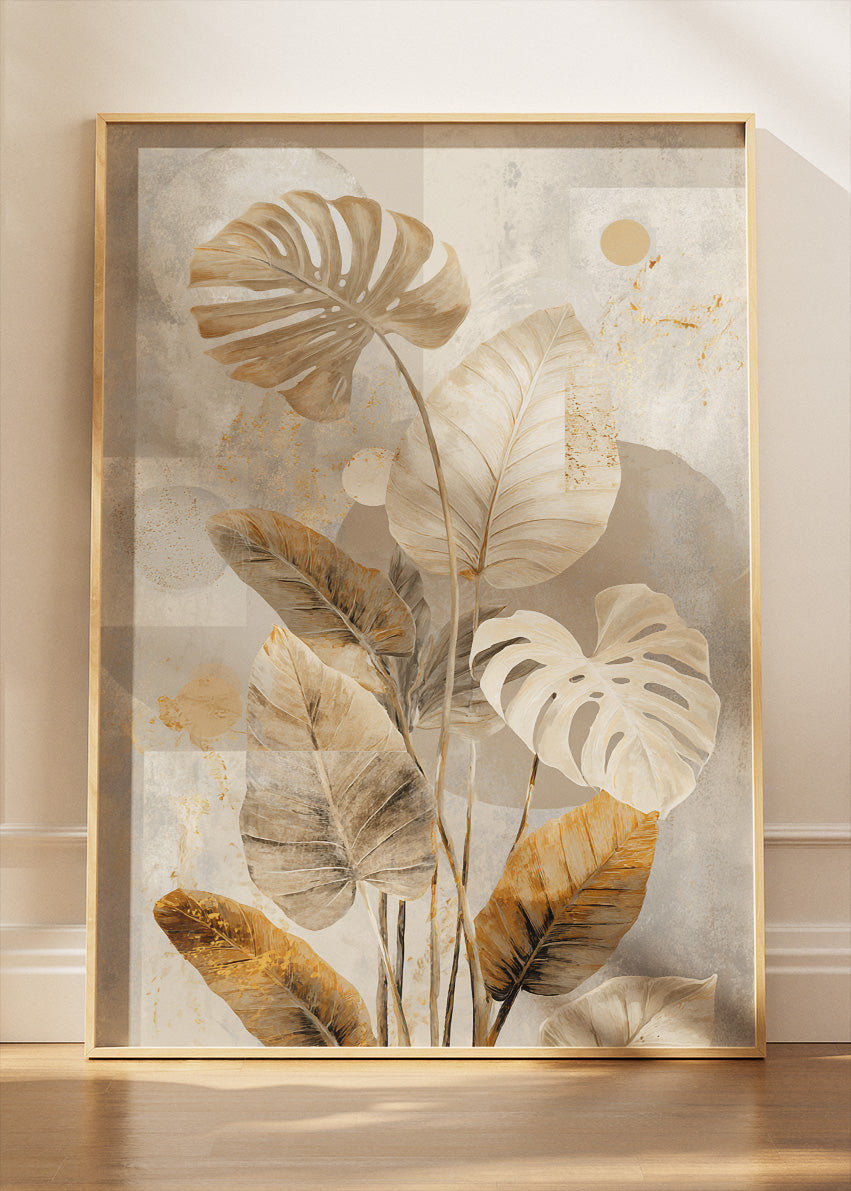 Neutral Tropical Leaf Wall Art – Beige & Gold Monstera Canvas Print | Modern Botanical Portrait Poster