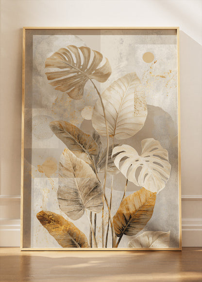 Neutral Tropical Leaf Wall Art – Beige & Gold Monstera Canvas Print | Modern Botanical Portrait Poster