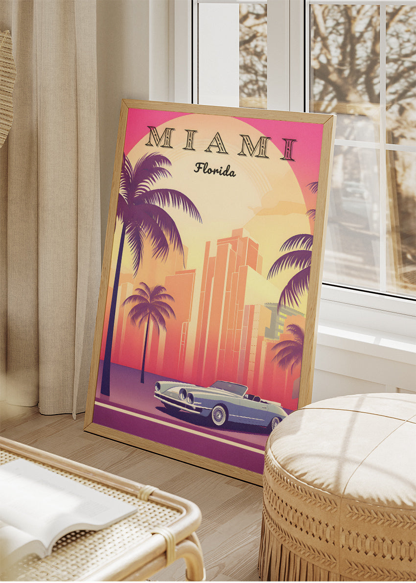 Miami Florida Poster & Canvas Print – Retro Sunset Skyline & Convertible Illustration