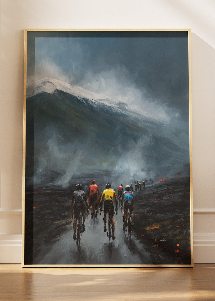 Volcanic Ascent Cycling Art Print & Canvas – Riders Through Ash and Storm