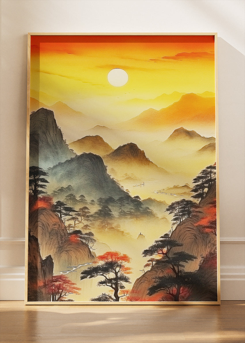 Golden Misty Mountain Sunrise – Asian Inspired Landscape Wall Art – AI PRINT LAB