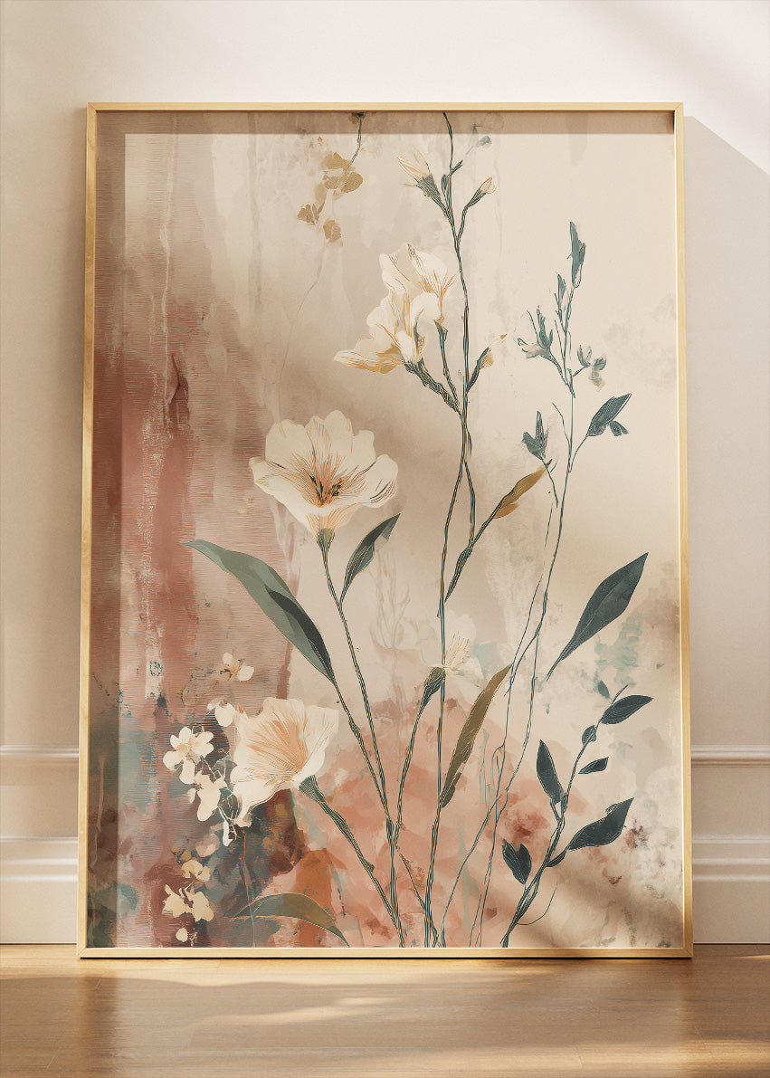 Soft Blush Floral Wall Art – Elegant Neutral Botanical Canvas Print | Modern Romantic Portrait Poster