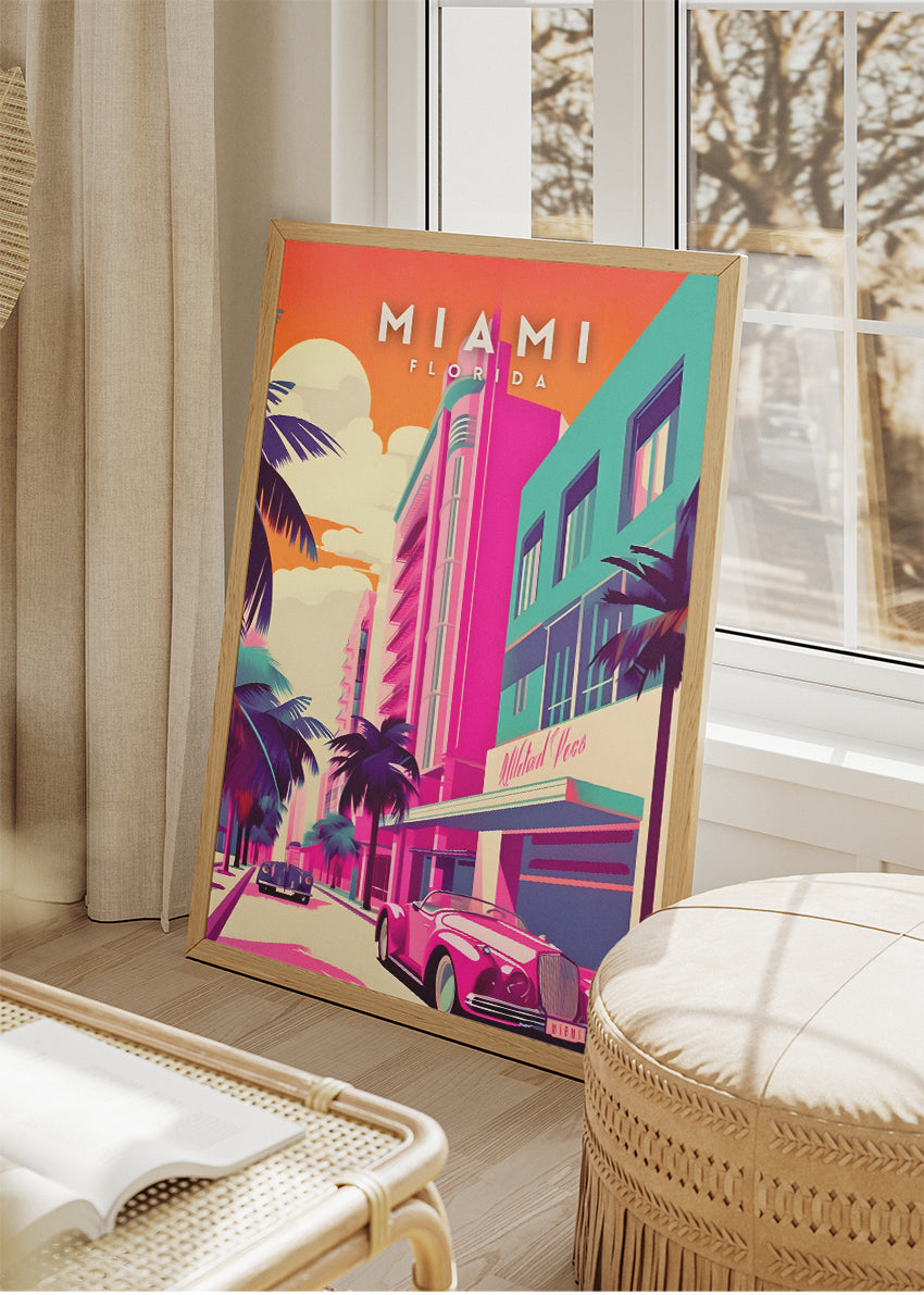 Miami Florida Poster & Canvas Print – Art Deco District & Retro Convertible Illustration