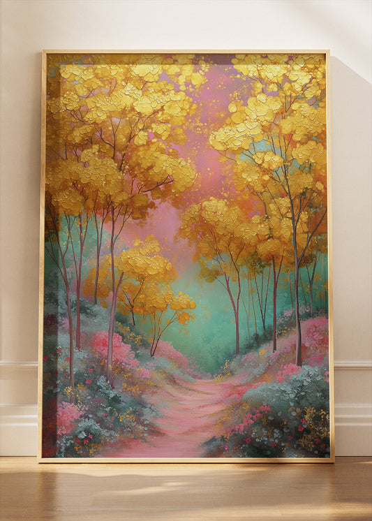 Golden Autumn Path Wall Art – Vibrant Yellow Trees Canvas Print | Dreamy Forest Landscape Portrait Poster