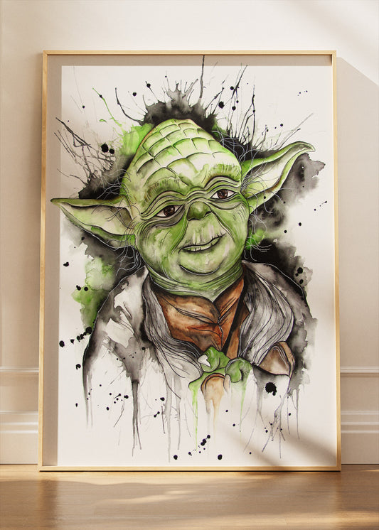 Yoda – Watercolor Ink Portrait Canvas & Poster Print – AI PRINT LAB