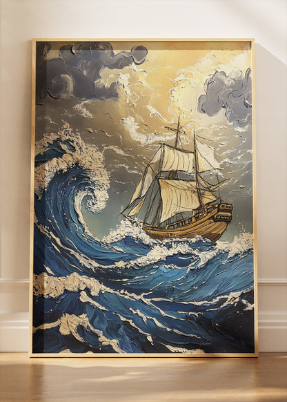 Stormy Ocean Sailing Ship – Dramatic Nautical Wave Wall Art – AI PRINT LAB