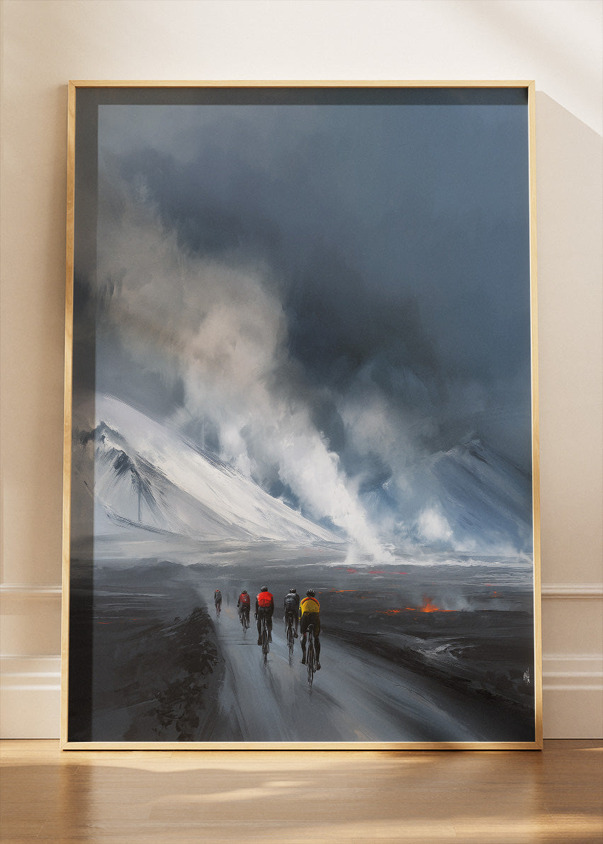 Frozen Frontier Cycling Art Print & Canvas – Riders Into the Storm