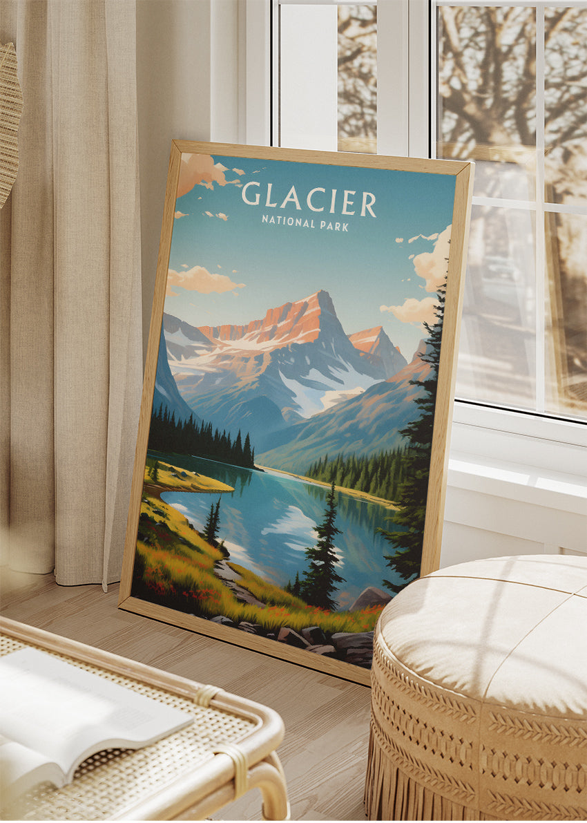 Glacier National Park Poster & Canvas Print – Mountain Lake Landscape Illustration Wall Art