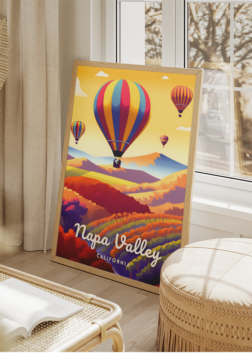 Napa Valley California Poster & Canvas Print – Hot Air Balloons & Vineyard Hills Illustration