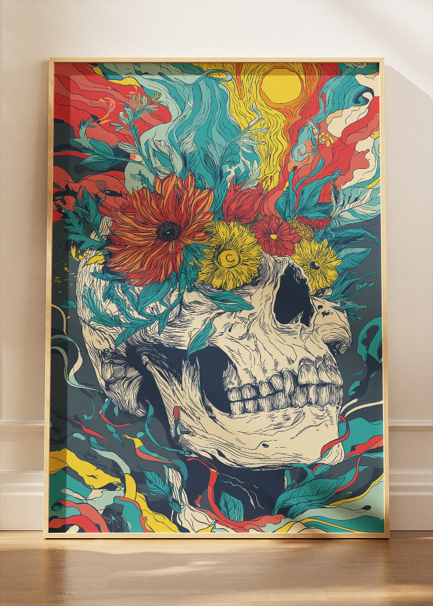 Psychedelic Skull Floral Wall Art – Vibrant Abstract Canvas Print | Bold Surreal Portrait Poster