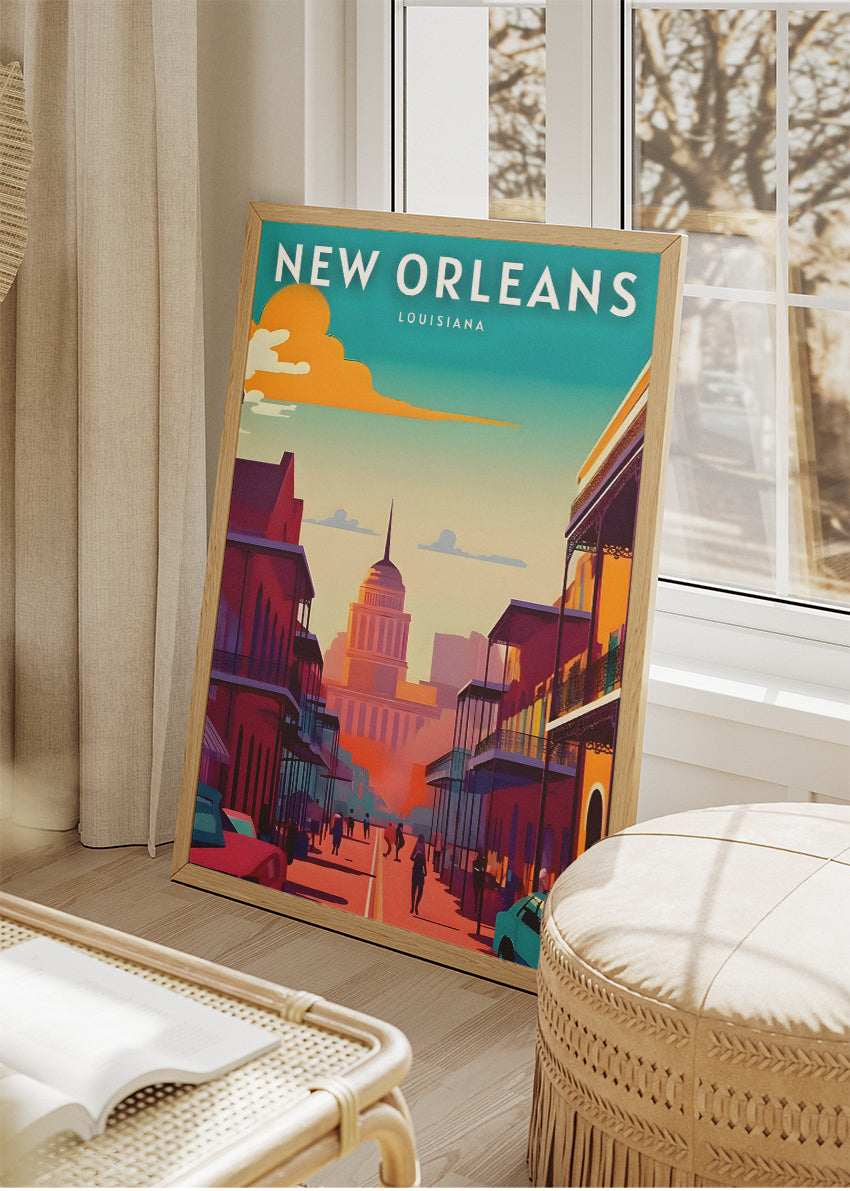 New Orleans Louisiana Poster & Canvas Print – French Quarter Street & Skyline Illustration