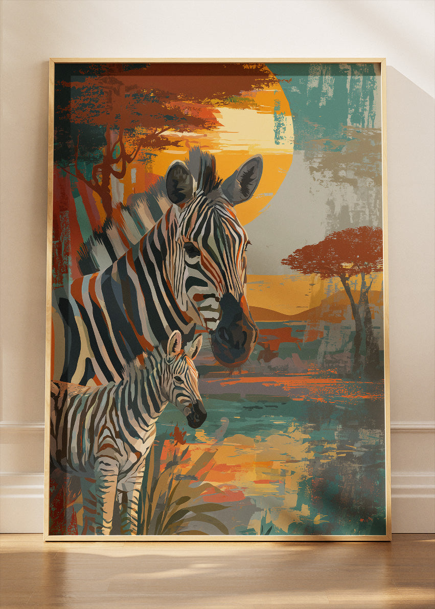 Zebra Family Poster & Canvas Print – African Safari Sunset Art