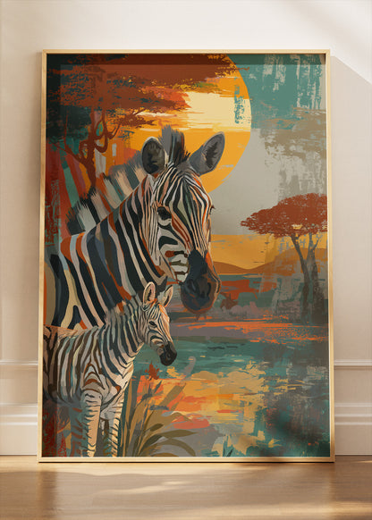 Zebra Family Poster & Canvas Print – African Safari Sunset Art