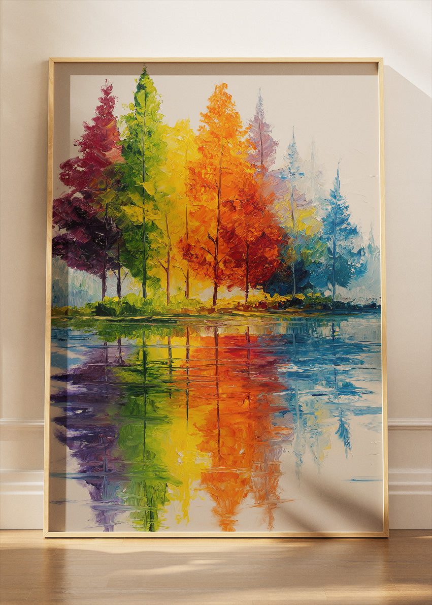 Colorful Autumn Reflection Wall Art – Vibrant Rainbow Trees Canvas Print | Modern Lake Landscape Portrait Poster