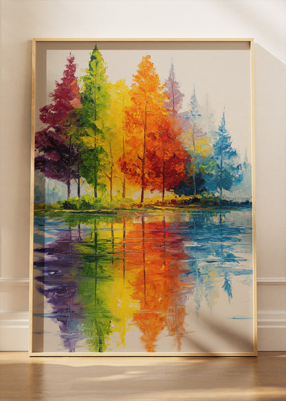 Colorful Autumn Reflection Wall Art – Vibrant Rainbow Trees Canvas Print | Modern Lake Landscape Portrait Poster
