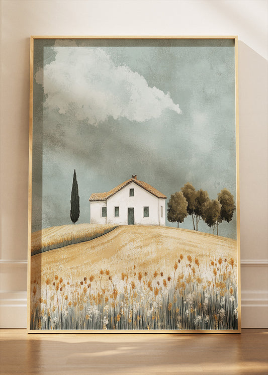 Minimalist Countryside House on Rolling Hills – Rustic Landscape Wall Art – AI PRINT LAB