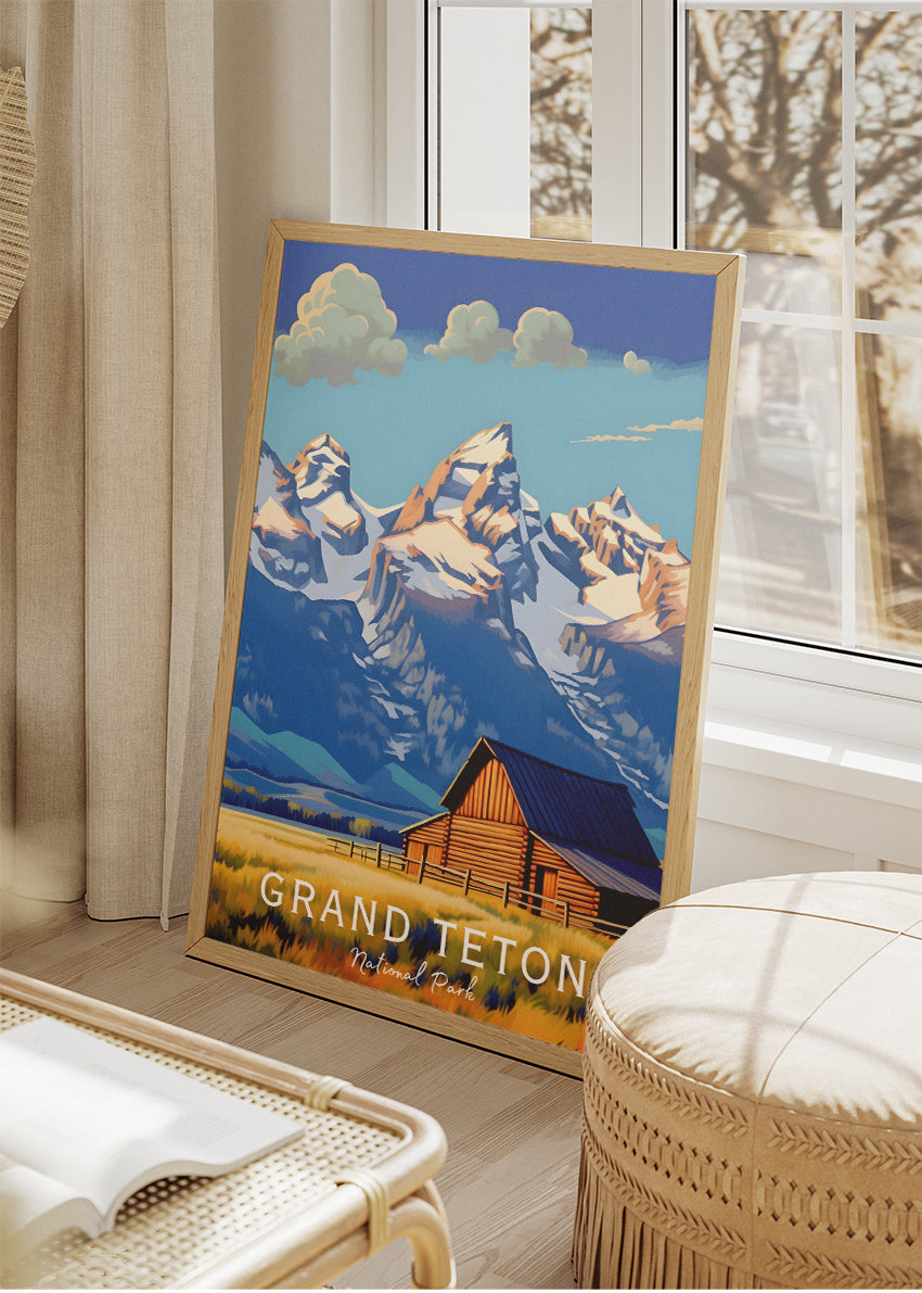 Grand Teton National Park Poster & Canvas Print – Mountain Barn Landscape Illustration Wall Art