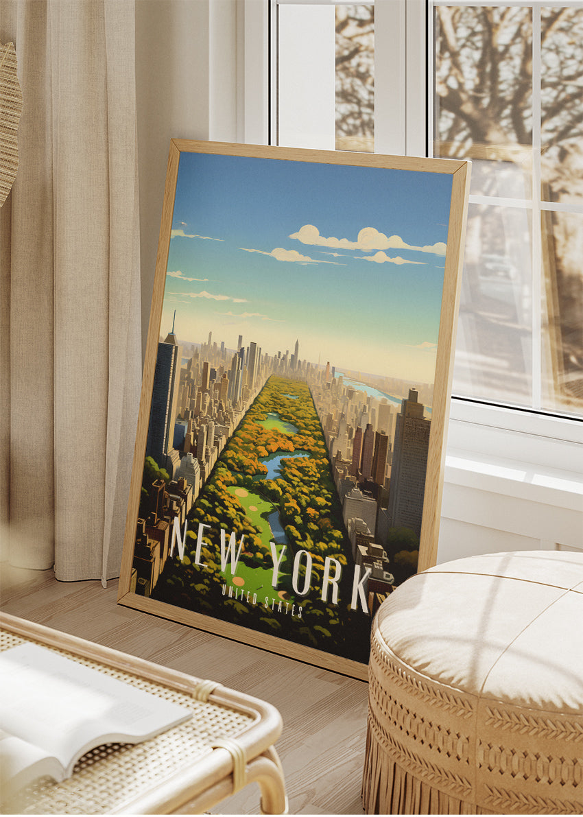 New York United States Poster & Canvas Print – Central Park Aerial Skyline Illustration