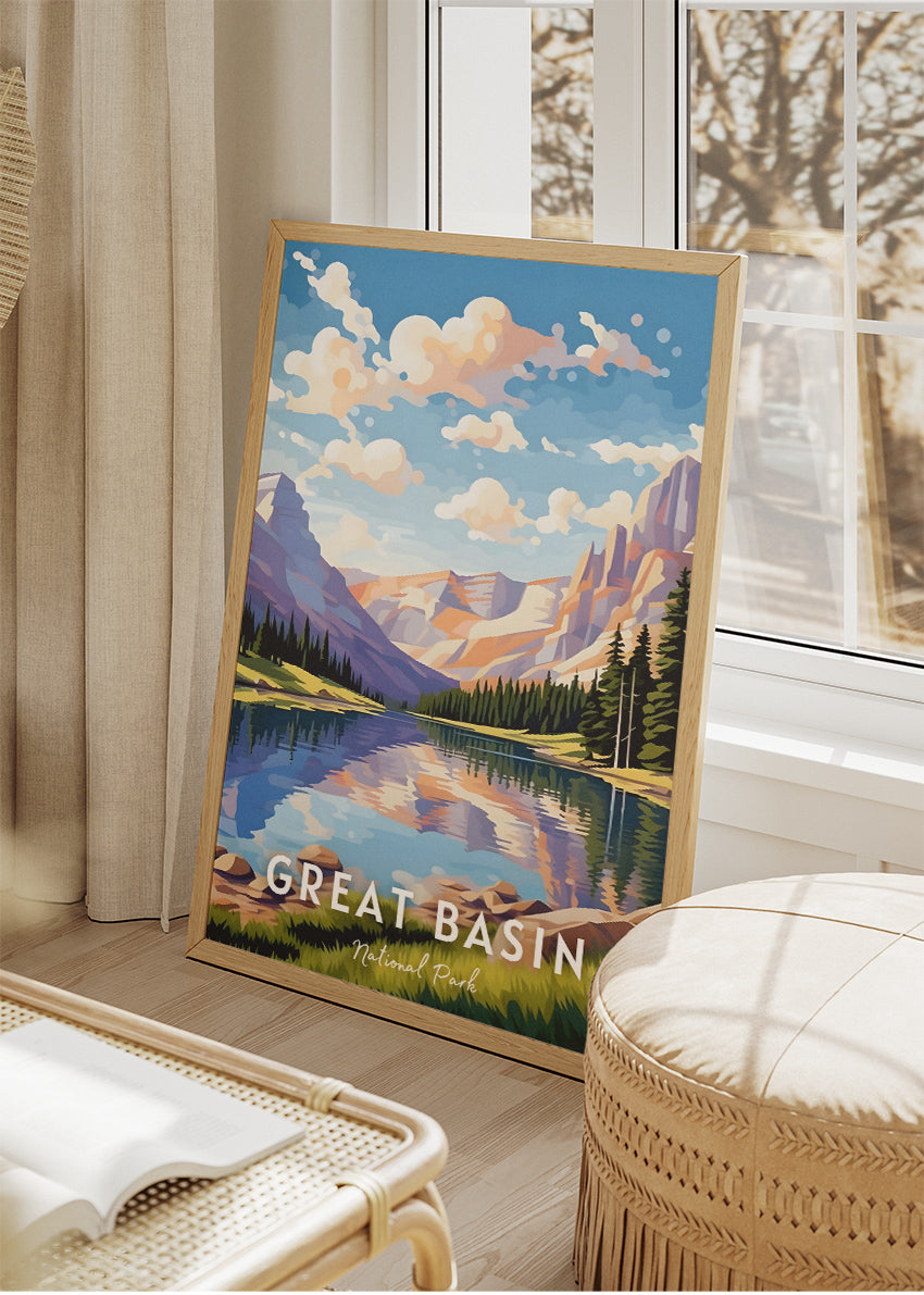 Great Basin National Park Poster & Canvas Print – Mountain Lake Landscape Illustration Wall Art