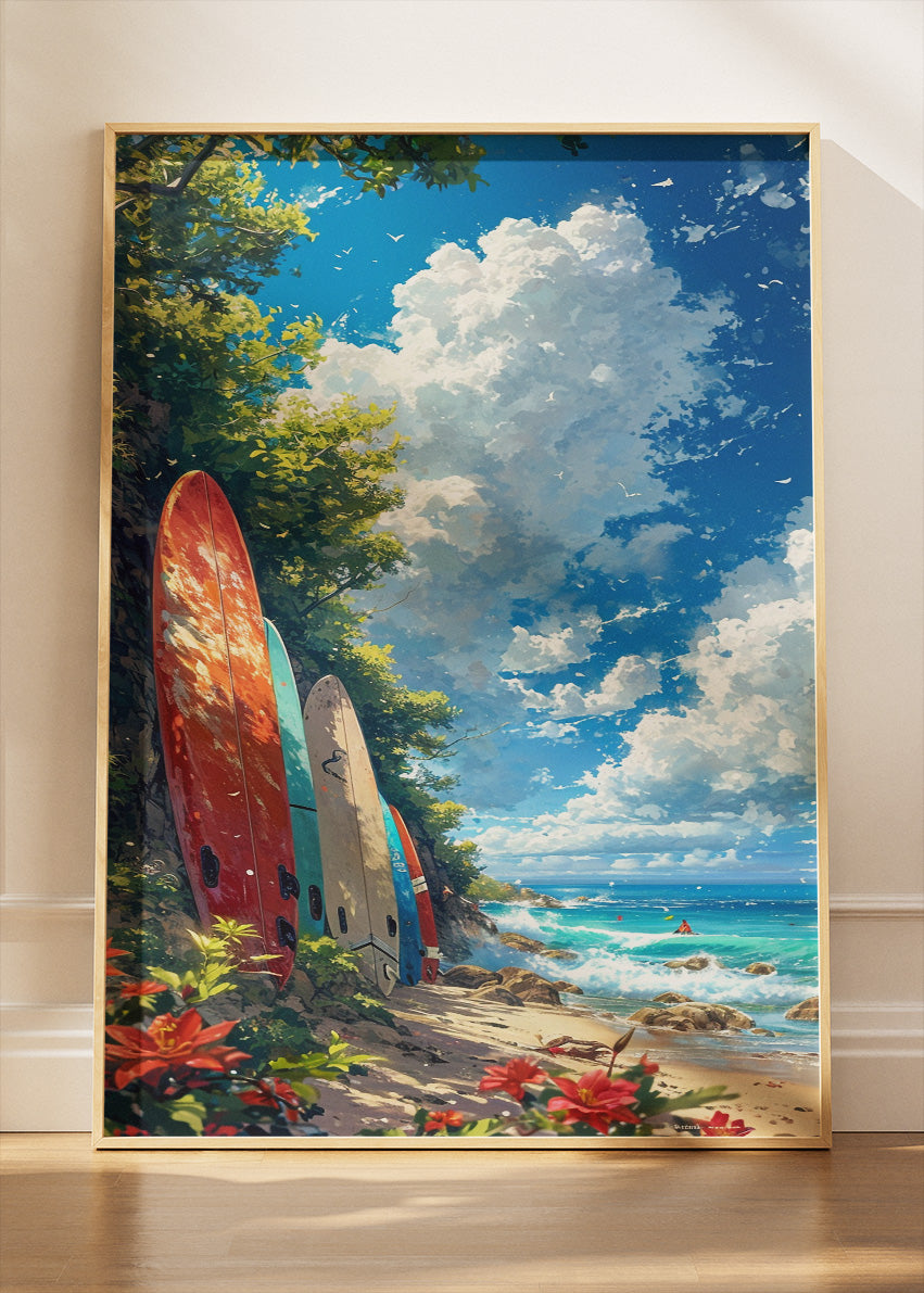 Tropical Surfboards by the Ocean – Coastal Beach Wall Art – AI PRINT LAB