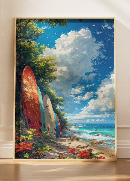Tropical Surfboards by the Ocean – Coastal Beach Wall Art – AI PRINT LAB