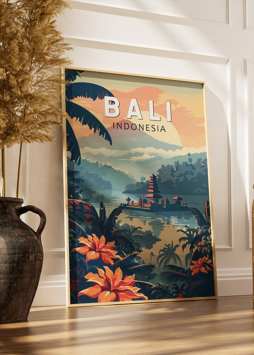 Bali Indonesia Tropical Jungle & Lake Temple Poster – Illustrated Travel Art
