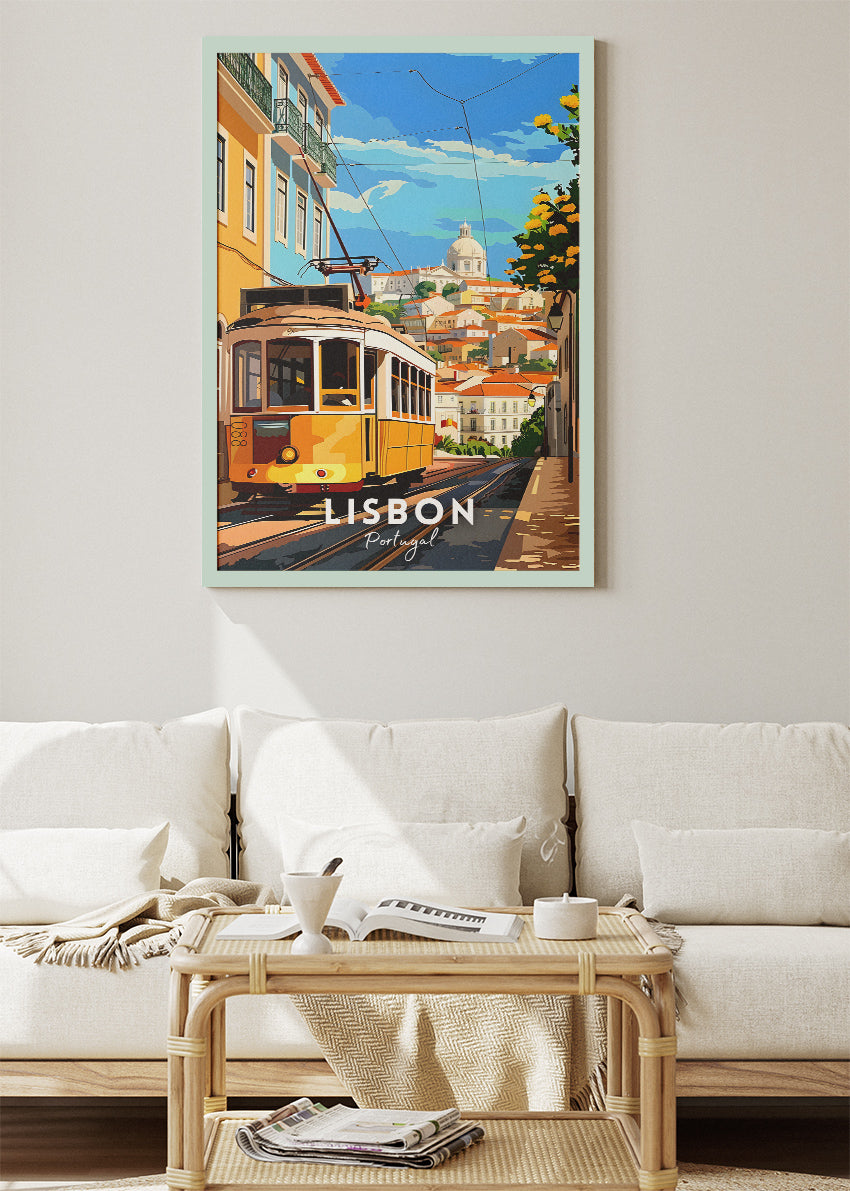 Lisbon Portugal Poster & Canvas Print – Vintage Illustrated Tram Travel Art