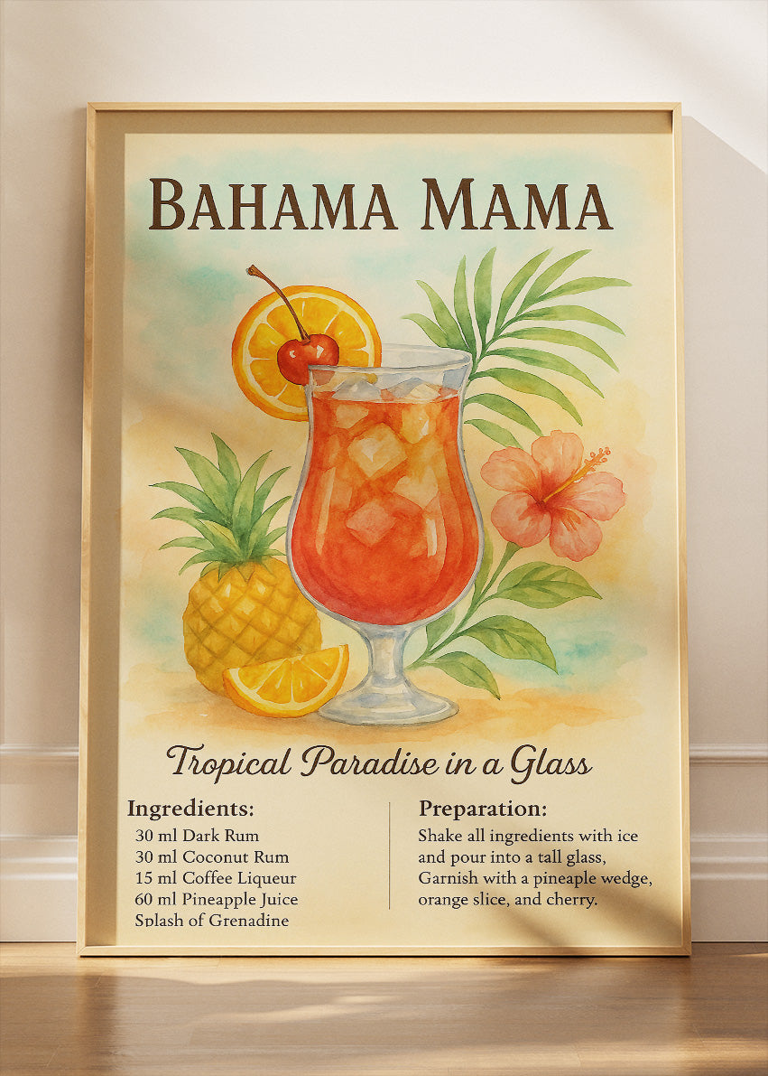 Bahama Mama Watercolor Cocktail Poster & Canvas Print | Tropical Botanical Bar Wall Art