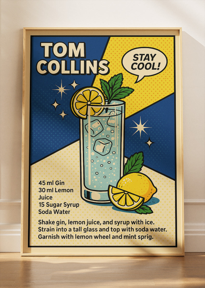 Tom Collins Pop Art Cocktail Poster & Canvas Print – Retro Gin Drink Wall Art – AI PRINT LAB
