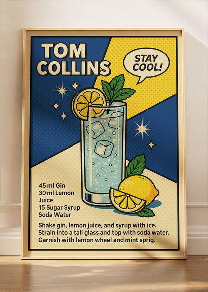 Tom Collins Pop Art Cocktail Poster & Canvas Print – Retro Gin Drink Wall Art – AI PRINT LAB