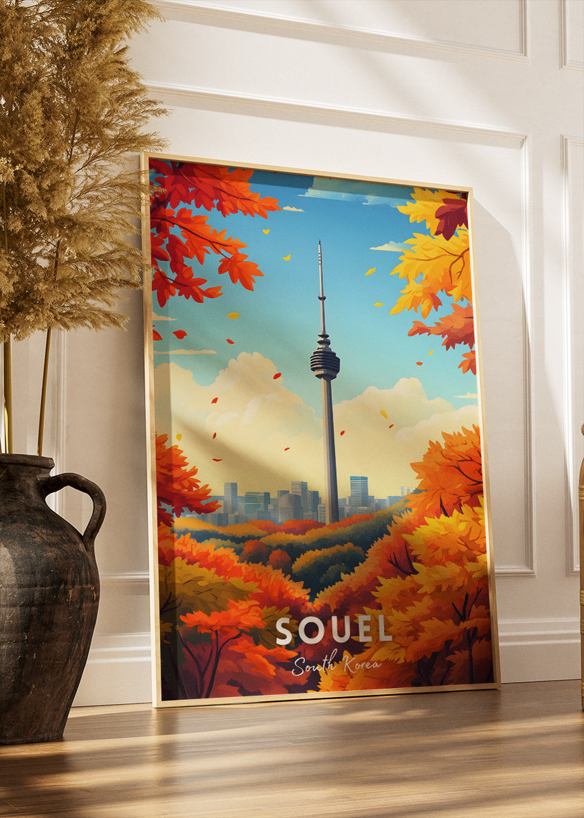 Seoul South Korea Travel Poster & Canvas Print – Autumn Cityscape Illustration Wall Art