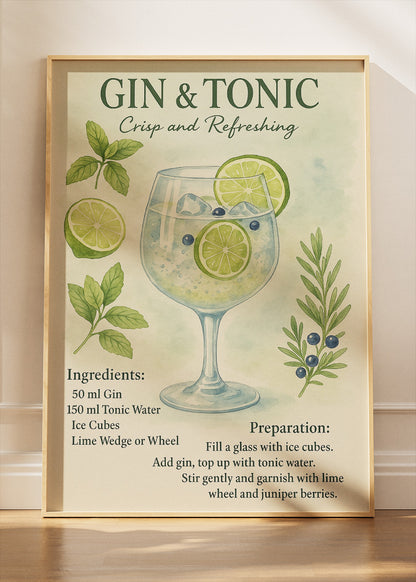 Gin & Tonic Watercolor Botanical Poster & Canvas Print | Elegant Kitchen Wall Art