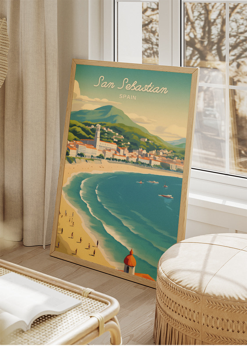 San Sebastian Spain Poster & Canvas Print – Vintage Coastal Beach Illustration Art