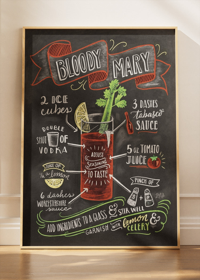 Bloody Mary Chalkboard Cocktail Poster & Canvas Print | Classic Recipe Bar Wall Art