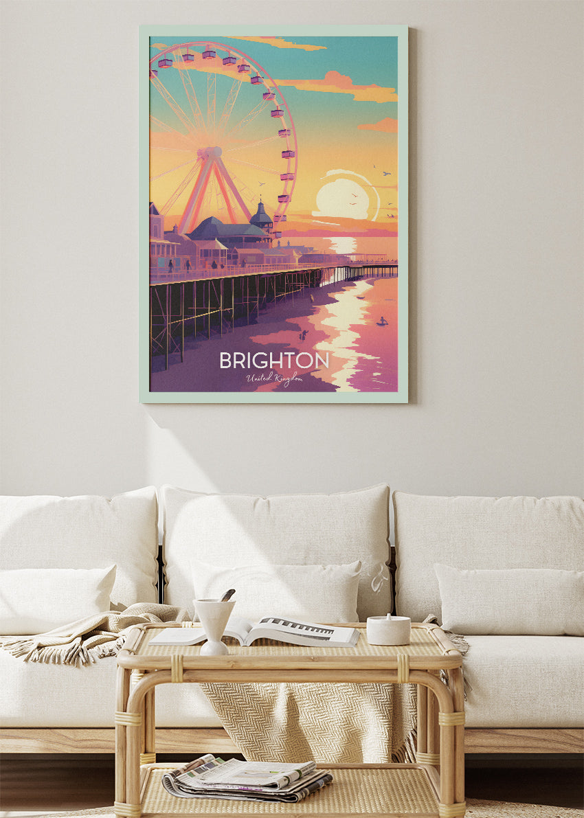 Brighton UK Poster & Canvas Print – Sunset Pier & Ferris Wheel Travel Art