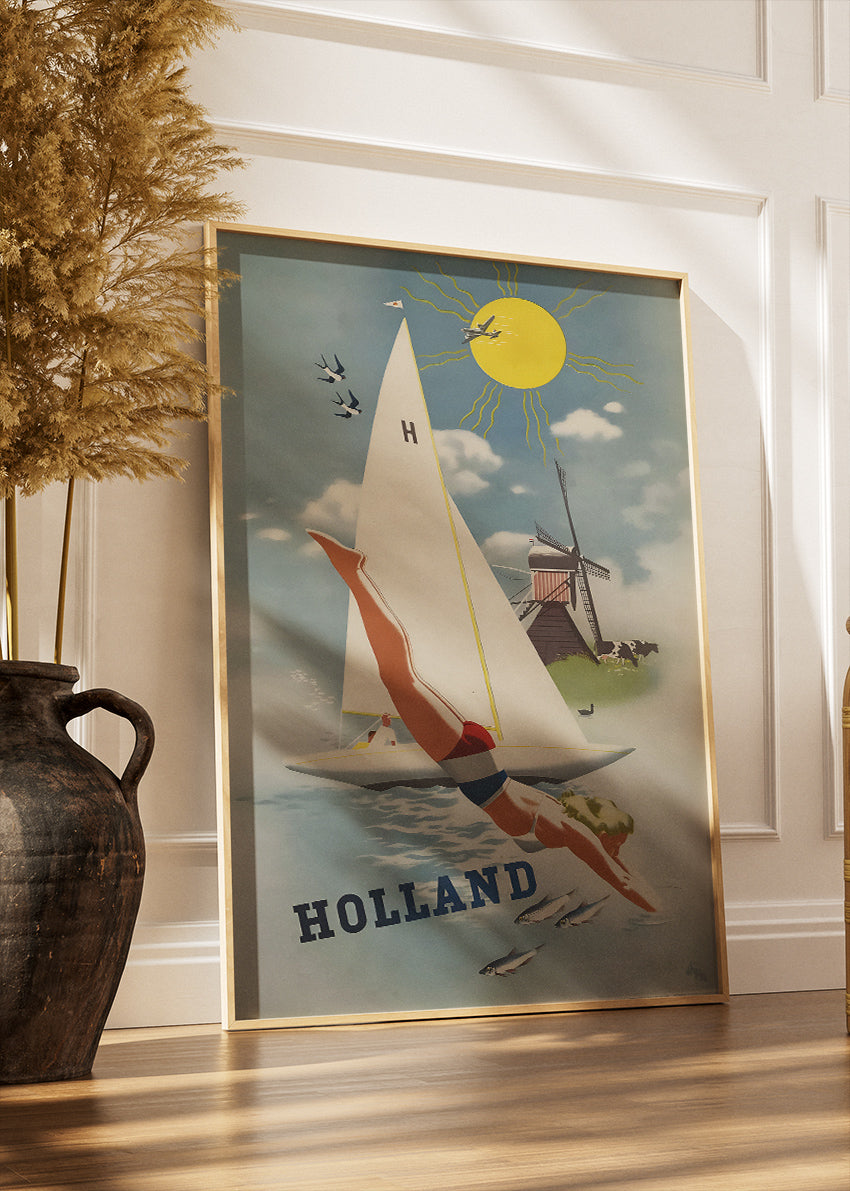 Holland Vintage Diving & Sailboat Poster & Canvas Print – Retro Dutch Travel Art