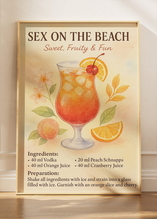 Sex on the Beach Watercolor Cocktail Poster & Canvas Print | Vintage Bar Wall Art