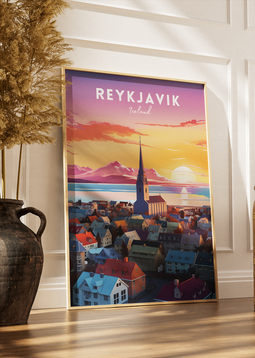 Reykjavik Iceland Sunset Skyline Poster & Canvas Print – Colorful Nordic Cityscape Wall Art