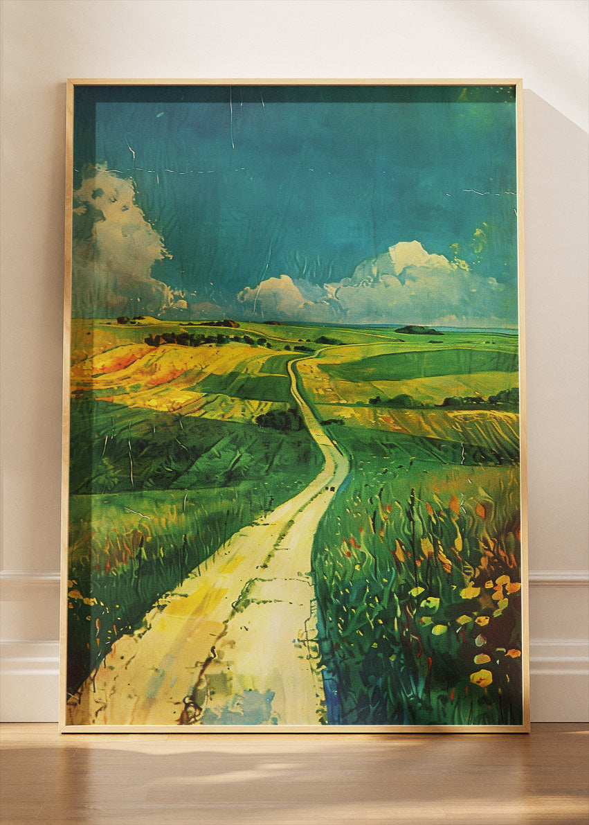 Countryside Path Through Green Fields – Vibrant Rural Landscape Wall Art Poster & Canvas – AI PRINT LAB