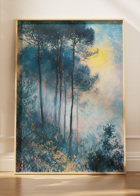 Blue Forest Landscape Wall Art – Misty Moonlight Trees Canvas Print & Modern Nature Statement Poster for Living Room Decor UK