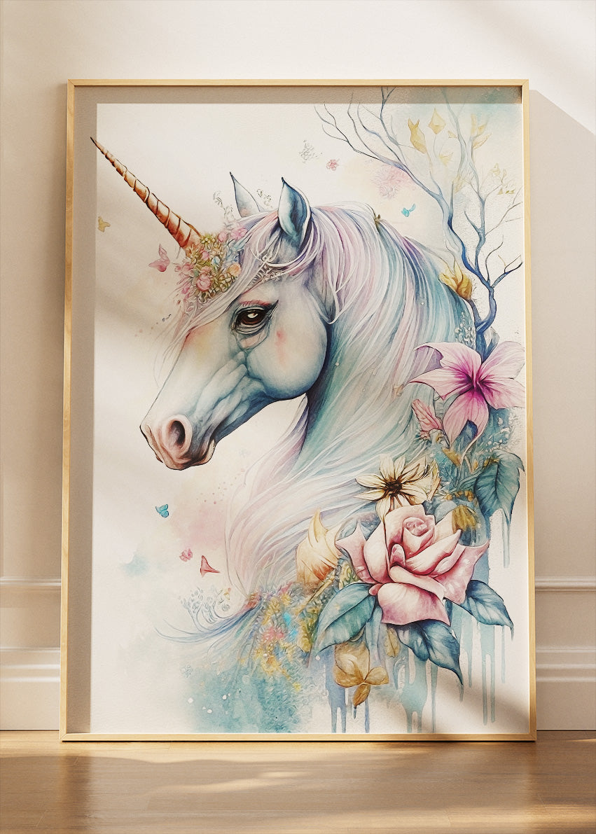 Elegant Unicorn Poster & Canvas Print – Pastel Fantasy Floral Art