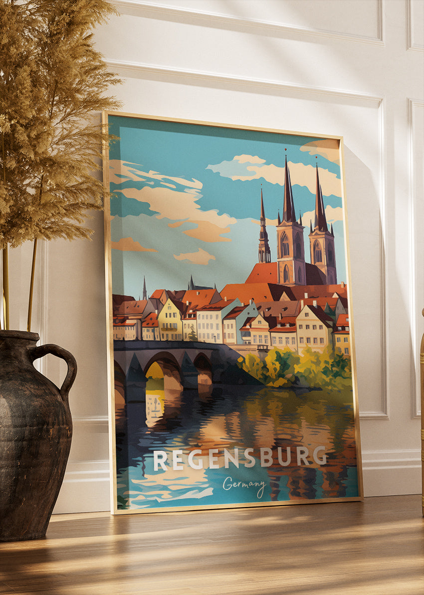 Regensburg Germany Poster & Canvas Print – Vintage Bavarian Riverside Art