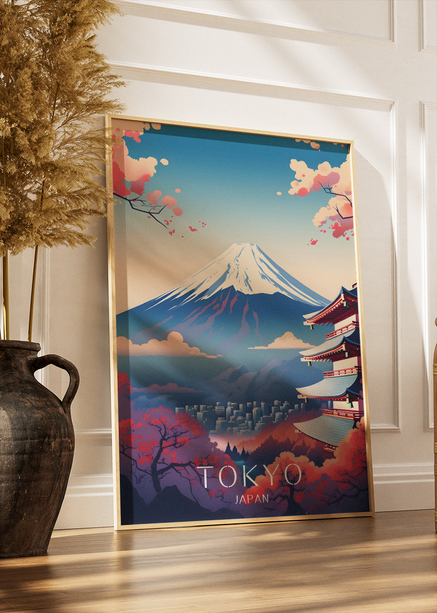 Tokyo Japan Poster & Canvas Print – Illustrated Mount Fuji & Pagoda Art