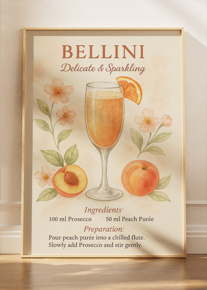 Bellini Watercolor Cocktail Poster & Canvas Print | Delicate Floral Bar Wall Art
