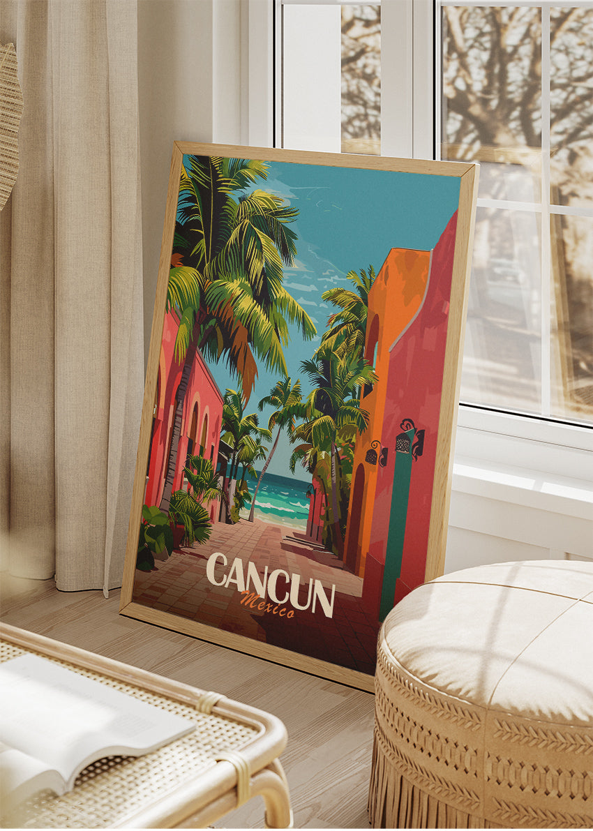 Cancun Mexico Poster & Canvas Print – Illustrated Tropical Street & Beach Art