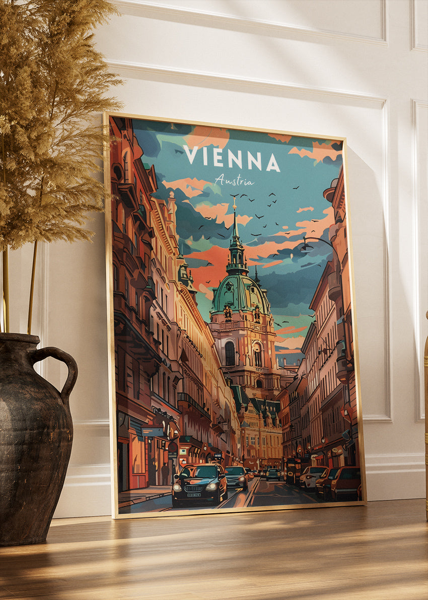 Vienna Austria Travel Poster & Canvas Wall Art – Historic City Street & Dome Illustration