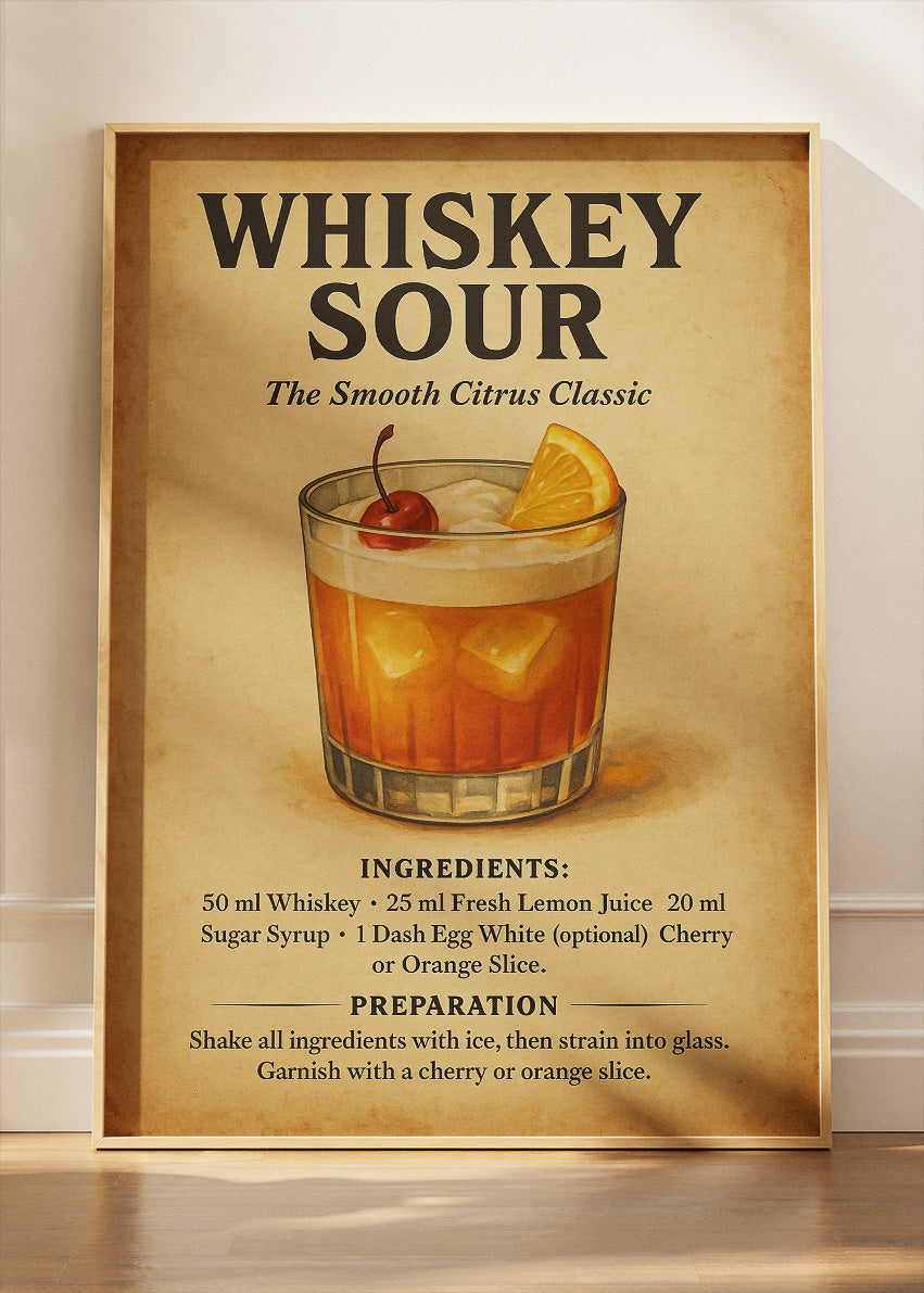 Whiskey Sour Cocktail Poster & Canvas Print – Classic Vintage Bar Wall Art – AI PRINT LAB